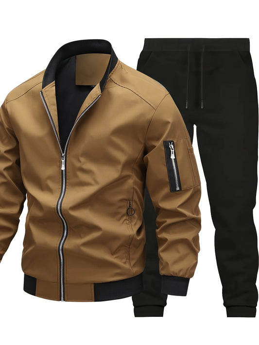 Men'S Casual Workwear Jacket and Pants Set, Solid Color, Long Sleeve, Regular Fit, with Pockets, for Spring/Fall, Casual Attire, Casual Attire|Casual Style|Solid Color Jacket