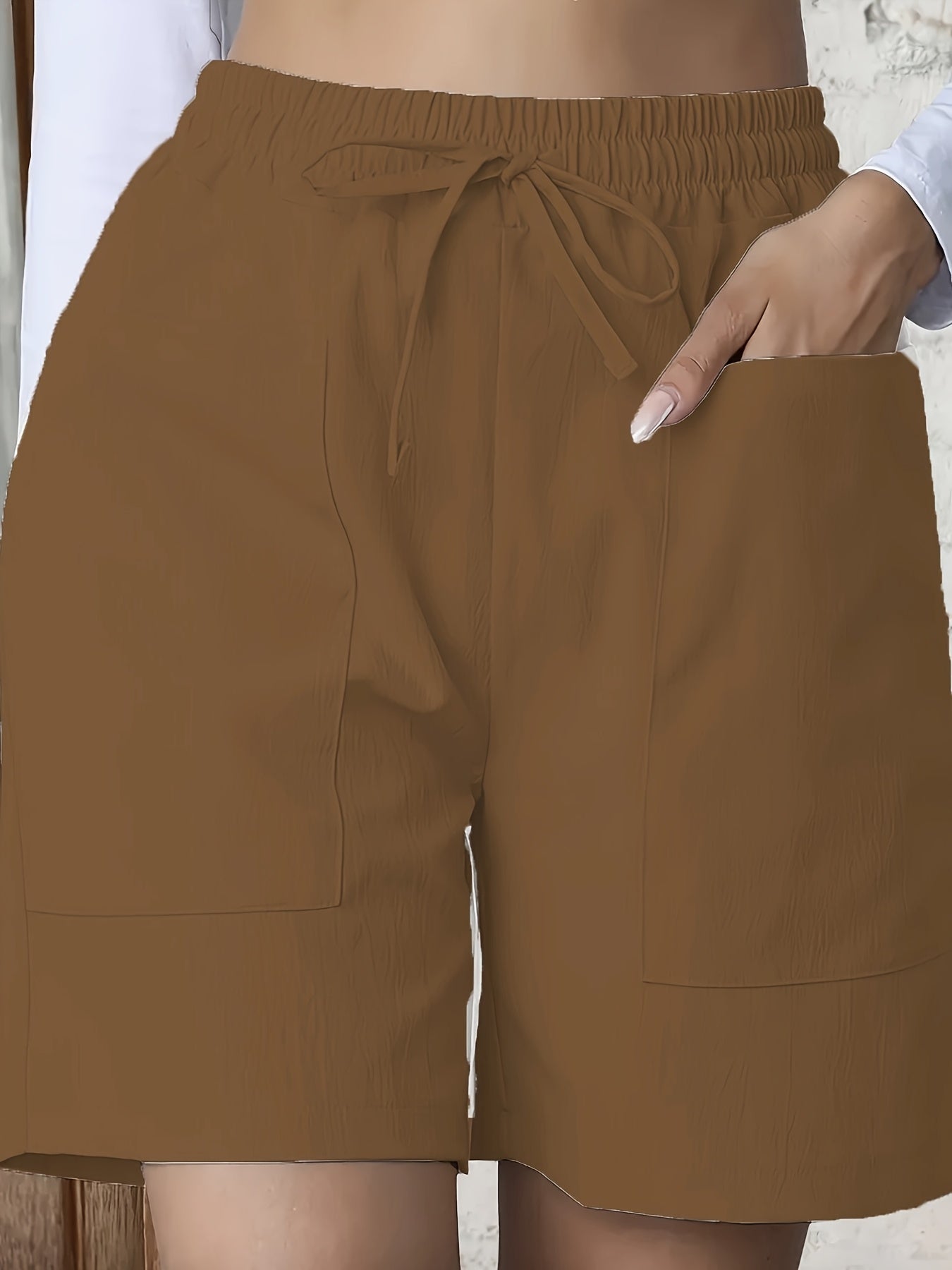 Կանացի հանգստի էլեգանտ առօրյա միաձույլ պոլիեսթեր կարճ շալվար, սովորական եզրագծով, չձգվող, գրպանով, գարնան, ամառ, աշնան համար