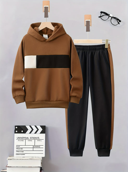 2 հատ, Մանկական աշուն/ձմեռ նորաձև միագույն գլխարկով սվիտերի հավաքածու, հարմարավետ սպորտային հագուստ, տրիկոտաժե ձգվող գործվածք, հարմար է բացօթյա գործունեության և առօրյա հագուստի համար, կատարյալ նվեր երեխաների համար աշուն/ձմեռ, Esse