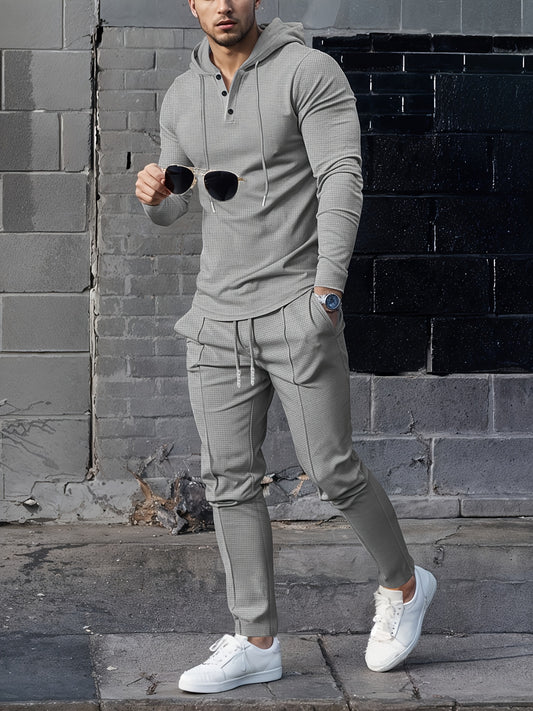 Men'S Two-Piece Solid Color Waffle Set for Spring And Autumn, Featuring a Long-Sleeve Hoodie And Drawstring Pants with Pockets, Perfect for Outdoor Sports And Casual Wear.