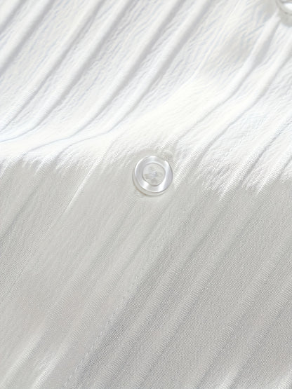 2-Piece Men's Summer Striped Polyester Suit, Short Sleeve Stand Collar Shirt and Drawstring Pants, Non-Stretch Fabric, Suitable for Casual Wear and Beach Vacation, Solid Color