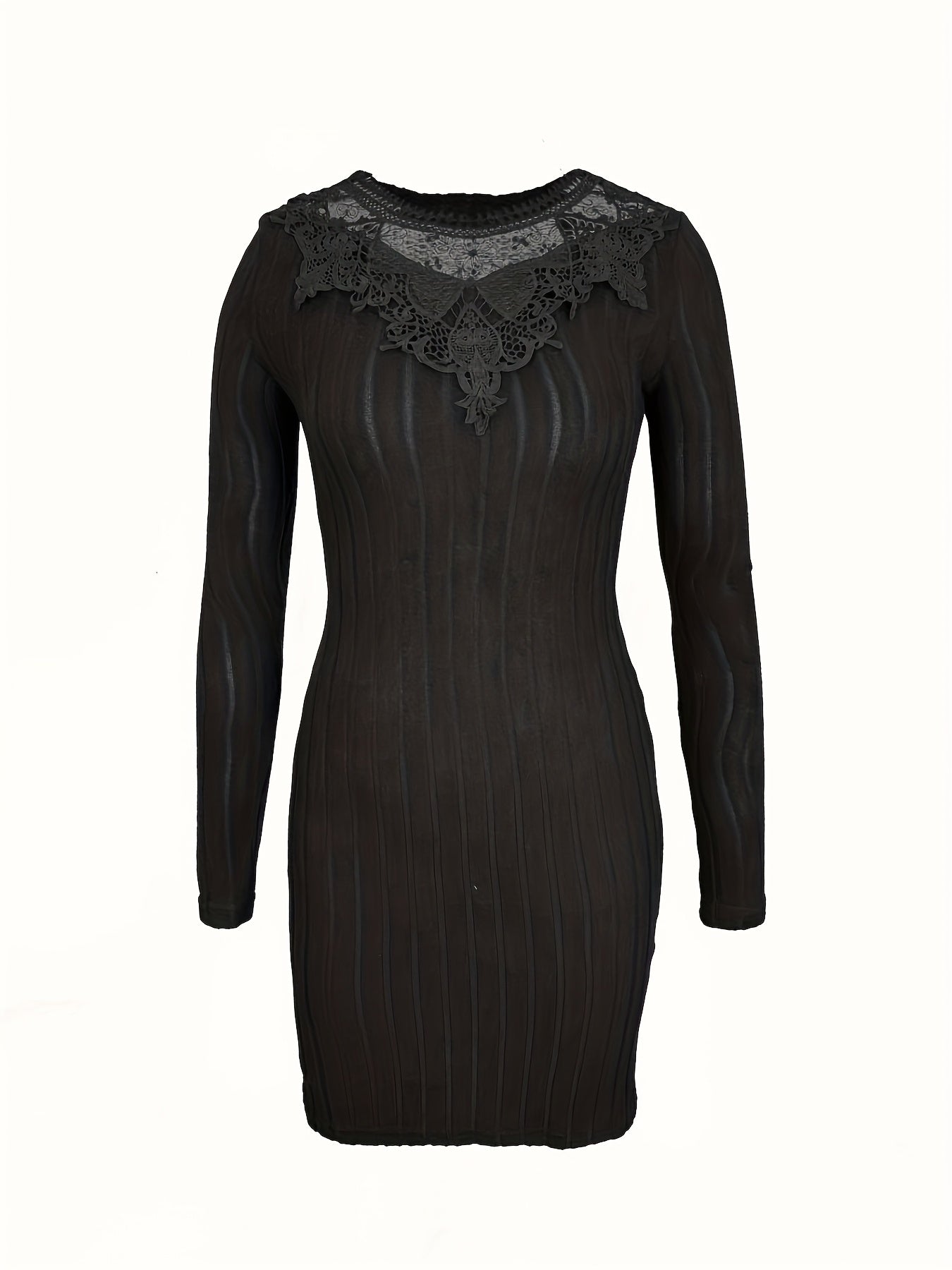 Էլեգանտ ժանյակավոր զգեստ՝ երկար թևքերով, A-գծով, բարակ, մատիտ-կիսաշրջազգեստ՝ կոնտրաստային ժանյակավոր օձիքով և եզրով, լվացքի մեքենայով լվացվող հարսանեկան հյուրերի զգեստ, գրասենյակից մինչև երեկույթի զգեստ (առանց կրծքավանդակի լցոնի, գարուն/աշուն)