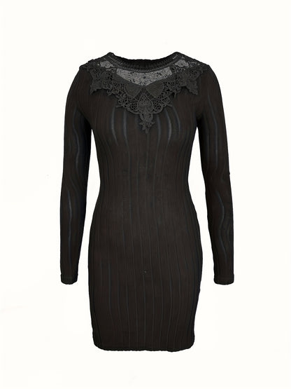 Էլեգանտ ժանյակավոր զգեստ՝ երկար թևքերով, A-գծով, բարակ, մատիտ-կիսաշրջազգեստ՝ կոնտրաստային ժանյակավոր օձիքով և եզրով, լվացքի մեքենայով լվացվող հարսանեկան հյուրերի զգեստ, գրասենյակից մինչև երեկույթի զգեստ (առանց կրծքավանդակի լցոնի, գարուն/աշուն)