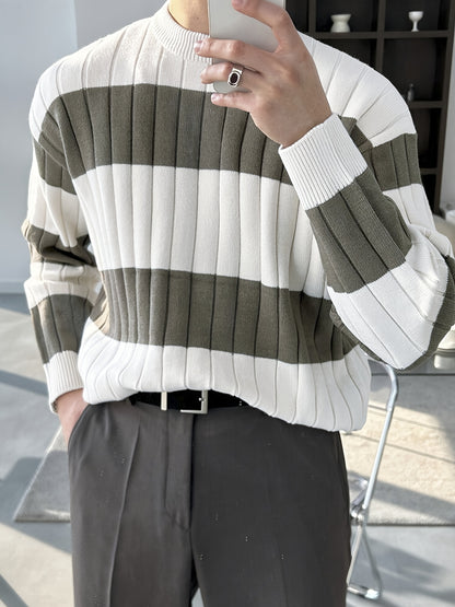 Men'S Stylish Striped Knit Pullover Sweater - Casual Round Neck, Suitable for Wearing in Spring, Autumn, And Winter