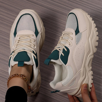 Կանացի թեթև, հաստ սպորտային կոշիկներ՝ բազմակողմանի կորեական ոճի հայրիկի կոշիկներ՝ հաստ ներբանով, շնչող ցանցկեն վերին մասով, առօրյա, կապիչով սպորտային կոշիկներ՝ սպիտակ, կանաչ/սպիտակ և սև/վարդագույն գույներով։