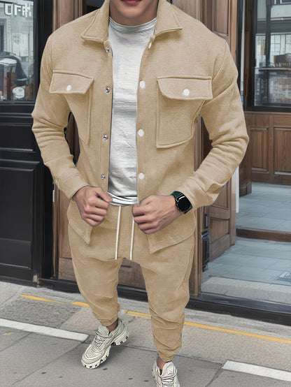 Տղամարդու 1 հավաքածու՝ միագույն պոլիեսթերից պատրաստված առօրյա հագուստ՝ երկար թևքերով, կոճակներով և օձիքով բաճկոնով, գրպաններով և լարով երկար տաբատի հավաքածու՝ աշուն/ձմեռ