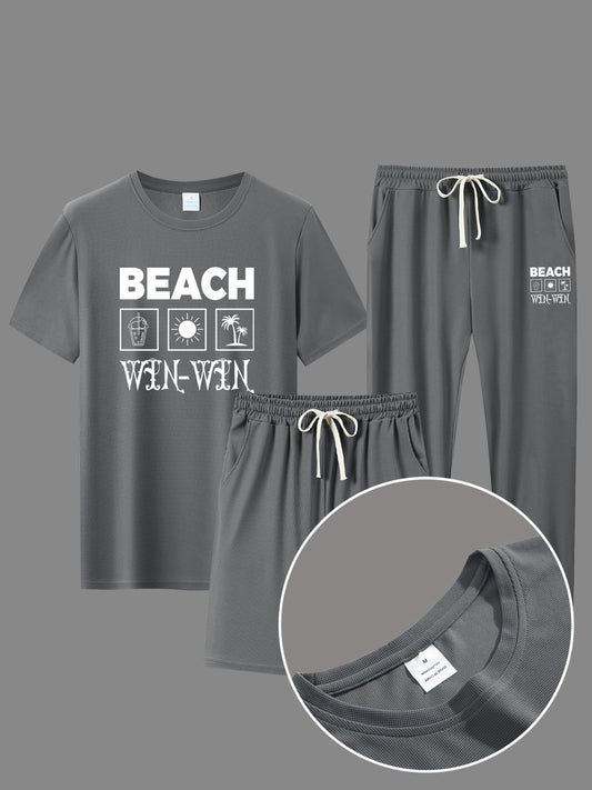 BEACH Men's 3-Piece Casual Sportswear Set, Crew Neck Short Sleeve T-Shirt with Shorts and Long Pants, Versatile Simple Breathable Summer Outfits, Knit Fabric Regular Fit, 100% Polyester Material, Casual Style Lash Sets, Sligh