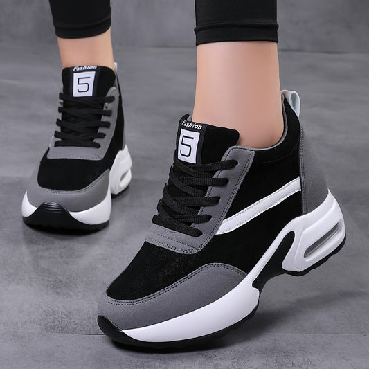 Women's Lace-up Front Chunky Sneakers With Air Cushion, Fashion Platform Sneakers With Hidden Heel For Outdoor Walking