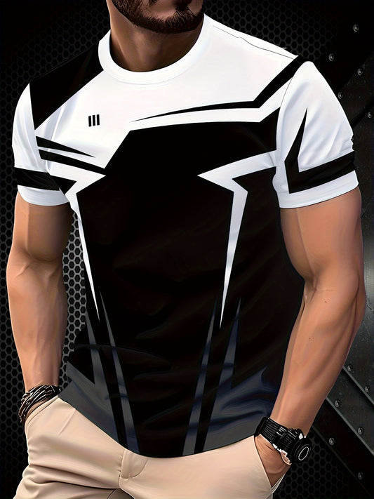 Տղամարդու երկրաչափական նախշերով շապիկ՝ սև-սպիտակ կոնտրաստային դիզայնով, շնչող 100% պոլիեսթեր, սովորական չափսի ամառային մարզաշապիկ, լվացվող մեքենայով