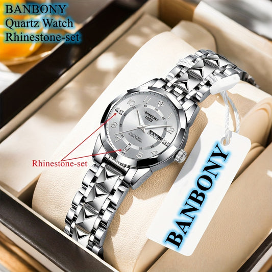 Banbony Women'S Quartz Watch - Luxury IPX7 Waterproof Stainless Steel Strap, Luminous Display, Rhinestone Accents, Date & Night Light, Minimalist Black Dial, Perfect Gift for Women, Casual Timepiece, Elegant Timepiece, Highqu