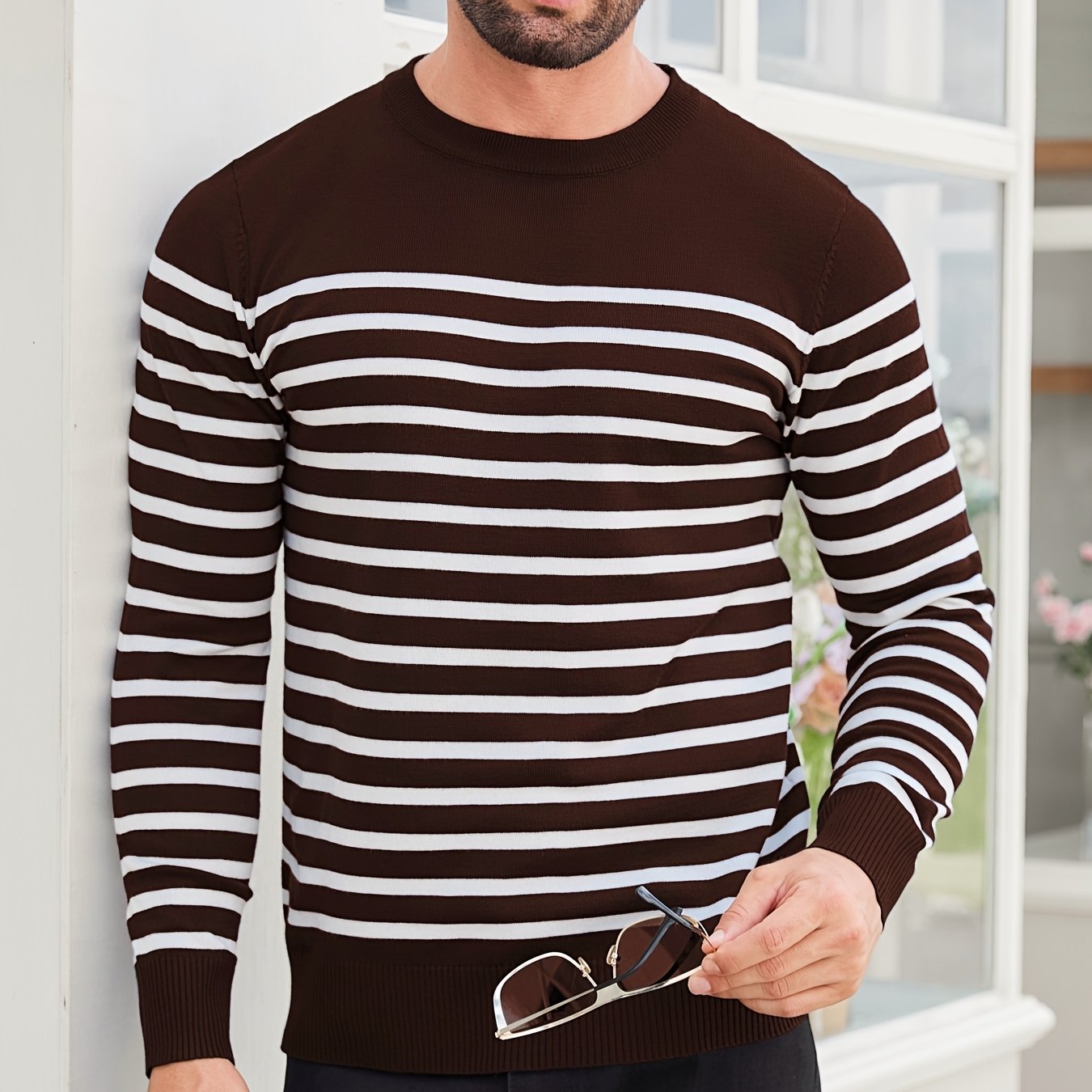 Գարնանային և աշնանային ամենօրյա երկգույն գծավոր տղամարդու սվիտեր-պուլովեր՝ գունավոր բլոկներով, կլոր վզնոցով, տղամարդու տրիկոտաժե վերնաշապիկ