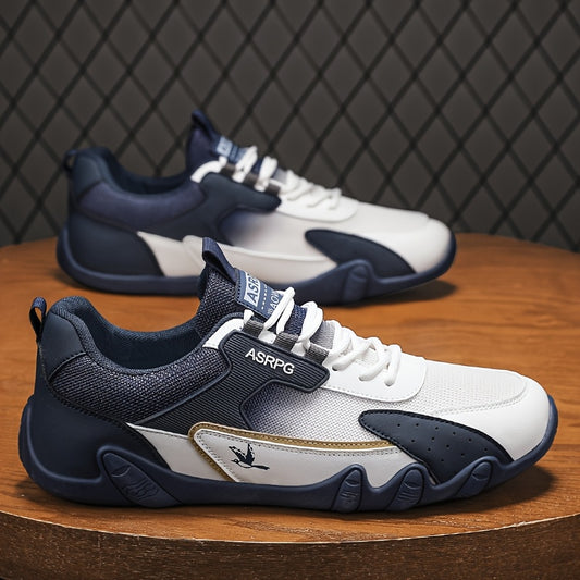 Men's Breathable Low-Top Casual Sneakers - Sporty Lace-Up Walking Shoes with Navy/White/Golden Accents, All-Season Outdoor  Everyday Comfort, Durable Fabric Upper  PVC Sole, Comfortable Footwear, Sleek Shoe Design, Lightwei