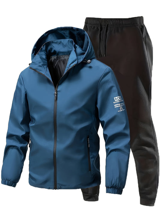 2pcs Men's Sporty Casual Jacket and Stretch Jogger Set, Spring/Autumn Fashion Hooded Jacket with Zipper Pockets, Windproof Outerwear and Black Stretch Joggers, Perfect for Outdoor Activities and Leisure Wear