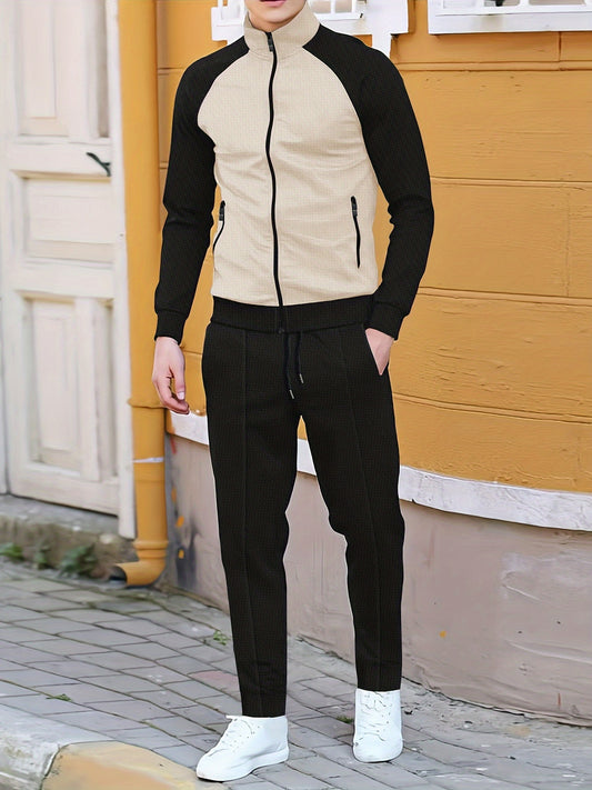 Men's Sporty Color Block Zip-Up Jacket & Joggers Set - Polyester Blend, Perfect for Spring/Fall