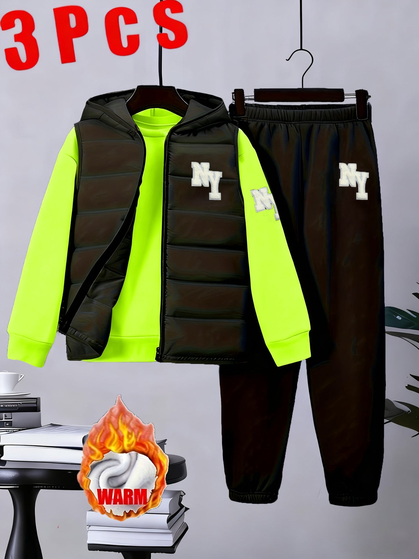 3pcs Boys' Winter Warm Uniform Set - NY Logo Lettered Jacket, Sweatshirt & Pants with Numbered Parch-Like Strips (8-12 Years) | Machine Washable 3pcs Outfit for, & Cold Weather | Non-Stretch Layered Clothing, Perfect for Outd
