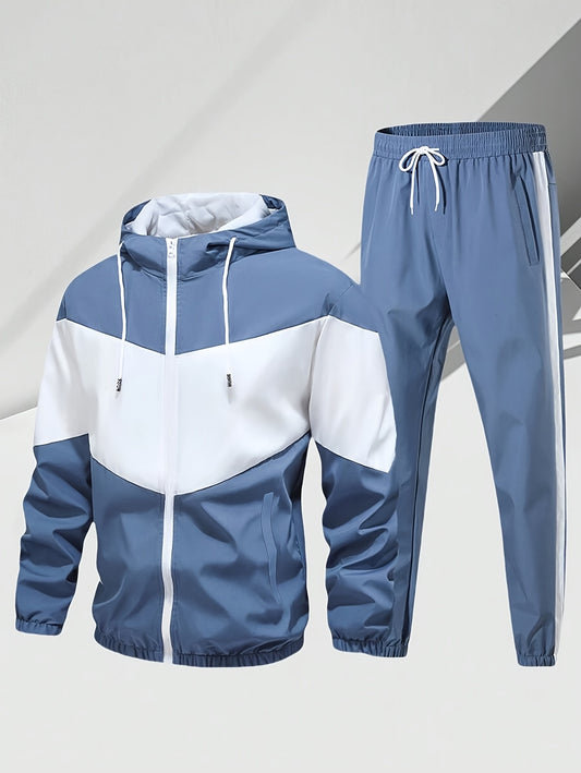 Men'S Casual 2pcs Sports Suit Unisex Couple All-Season Spring/Autumn Color Block Tracksuit with Hooded Cardigan, Zippered Jacket, Long Sleeve Coat, Joggers, Gym, Running, Outdoor Outfit, Elastic Pants, Hoodie, Top, Pants, Two