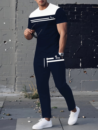 3D Digital Stripe Letter Crown Print - Suitable for Daily Outdoor Leisure Sports Men'S Two-Piece Set