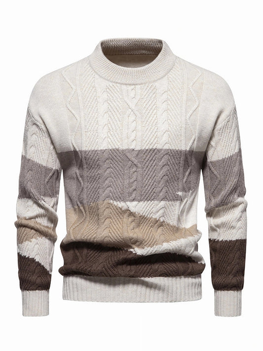 Men's Winter Warm Thick Knit Sweater - Color-Block Round Neck Pullover with Sleeve, Casual & Suitable for Evening Dates, Machine Washable Sweaters for Weather