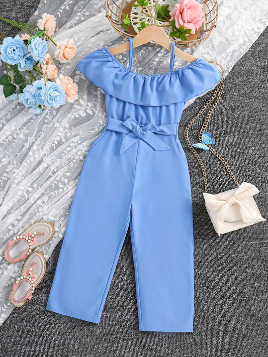 Girls Ruffle Cami Romper Belt Off Shoulder Elegant Summer Spring Autumn Kids Clothes - Ayq