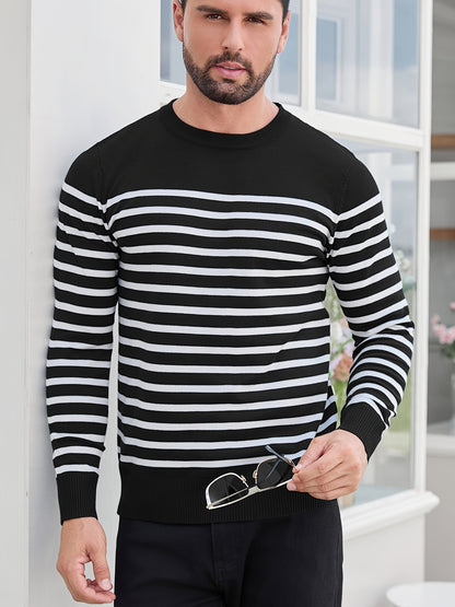 Գարնանային և աշնանային ամենօրյա երկգույն գծավոր տղամարդու սվիտեր-պուլովեր՝ գունավոր բլոկներով, կլոր վզնոցով, տղամարդու տրիկոտաժե վերնաշապիկ