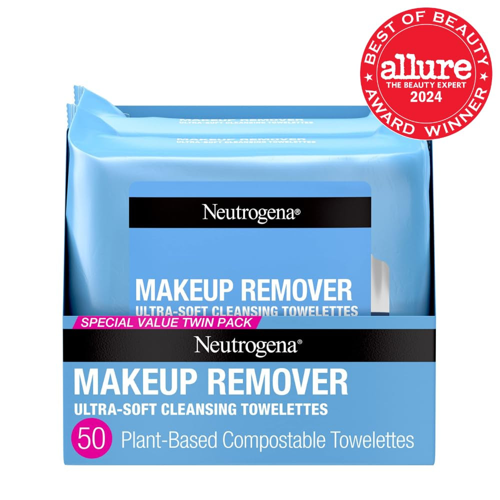 Neutrogena Makeup Remover Wipes, Daily Facial Cleanser Towelettes, Gently Cleanse and Remove Oil & Makeup, Alcohol-Free Makeup Wipes, 2 X 25 Ct