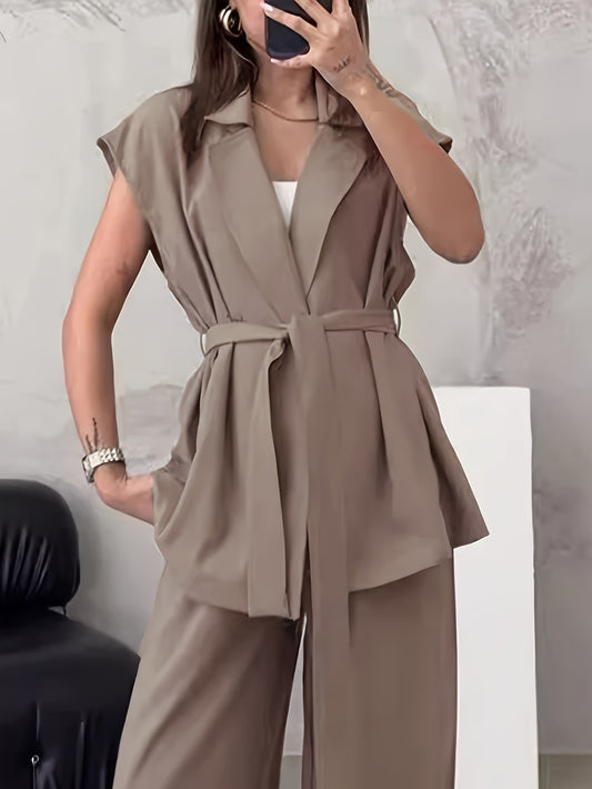 Կանացի միագույն, առօրյա, էլեգանտ, անթև վերնաշապիկ և լայն տաբատ, 2 հատանոց հավաքածու