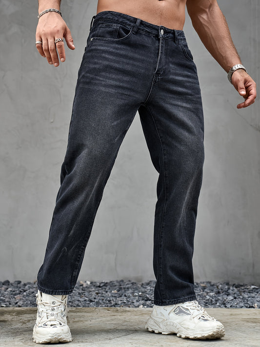 Men's Classic Straight-Leg Denim Jeans - Blend, Non-Stretch, Washed Finish, Regular Fit, All-Season Wear, Machine Washable, Allseason Jeans|Button Fly Jeans|Durable Fabric - ayq