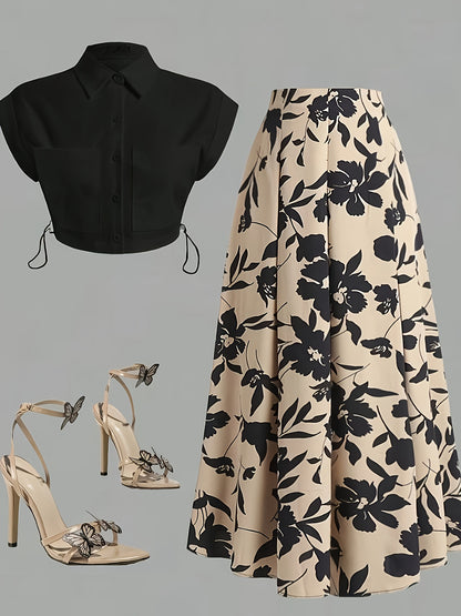 Կանացի էլեգանտ վերնաշապիկի և միդի կիսաշրջազգեստի հավաքածու