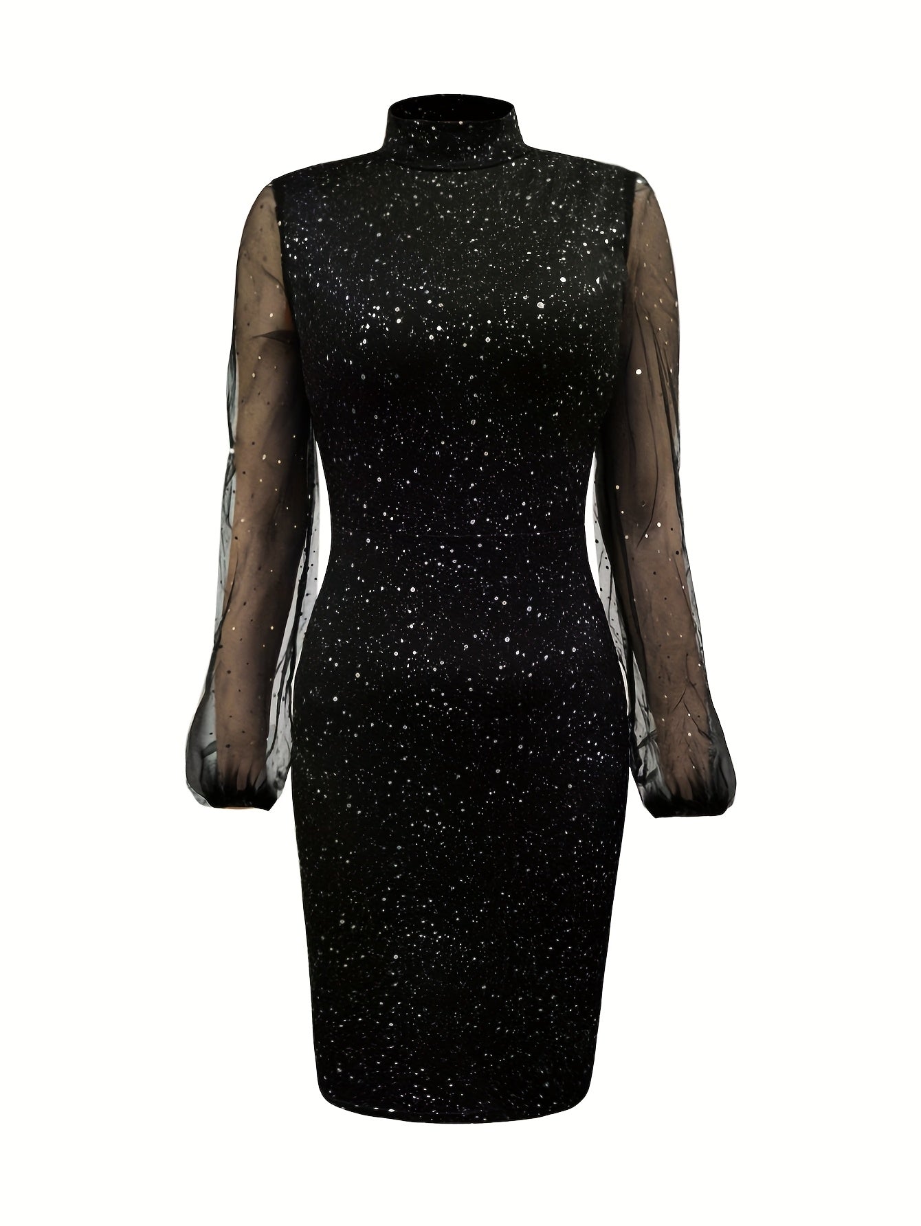 Women' Elegant Shimmering Party Dress with Sheer elbow Sleeves - Form-Fitting Partywear Dress for Night Out, Prom, Wedding Guest - Hand Washable Round Neck Dress (No dry) - Spring/Autumn & Year-Round Wear - Moderate Elasticit