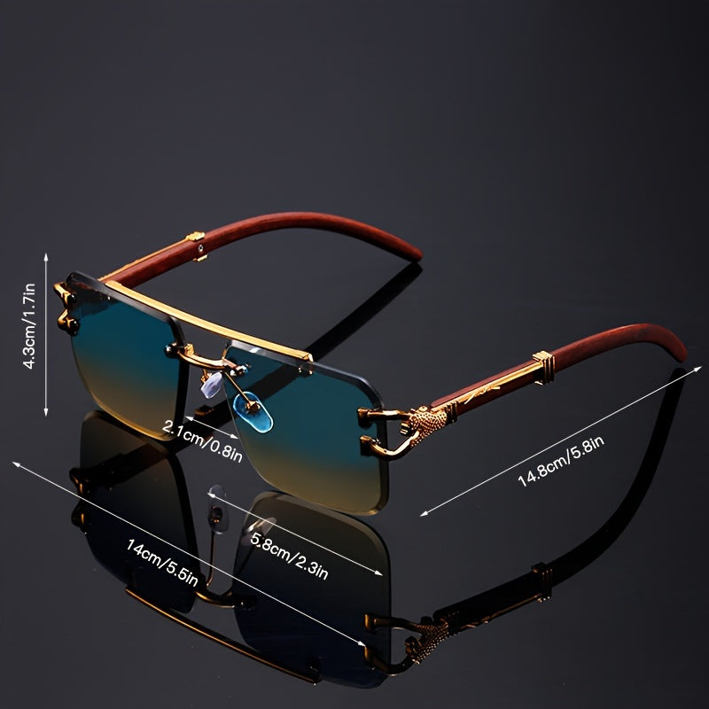 Էլեգանտ, առանց շրջանակի օդաչուի ոճի նորաձև ակնոցներ տղամարդկանց և կանանց համար՝ ոսկեգույն ընձառյուծի նախշերով, կանաչ գրադիենտային ոսպնյակներով, թեթև մետաղական շրջանակով, իդեալական է լողափնյա երեկույթների և ճանապարհորդությունների համար