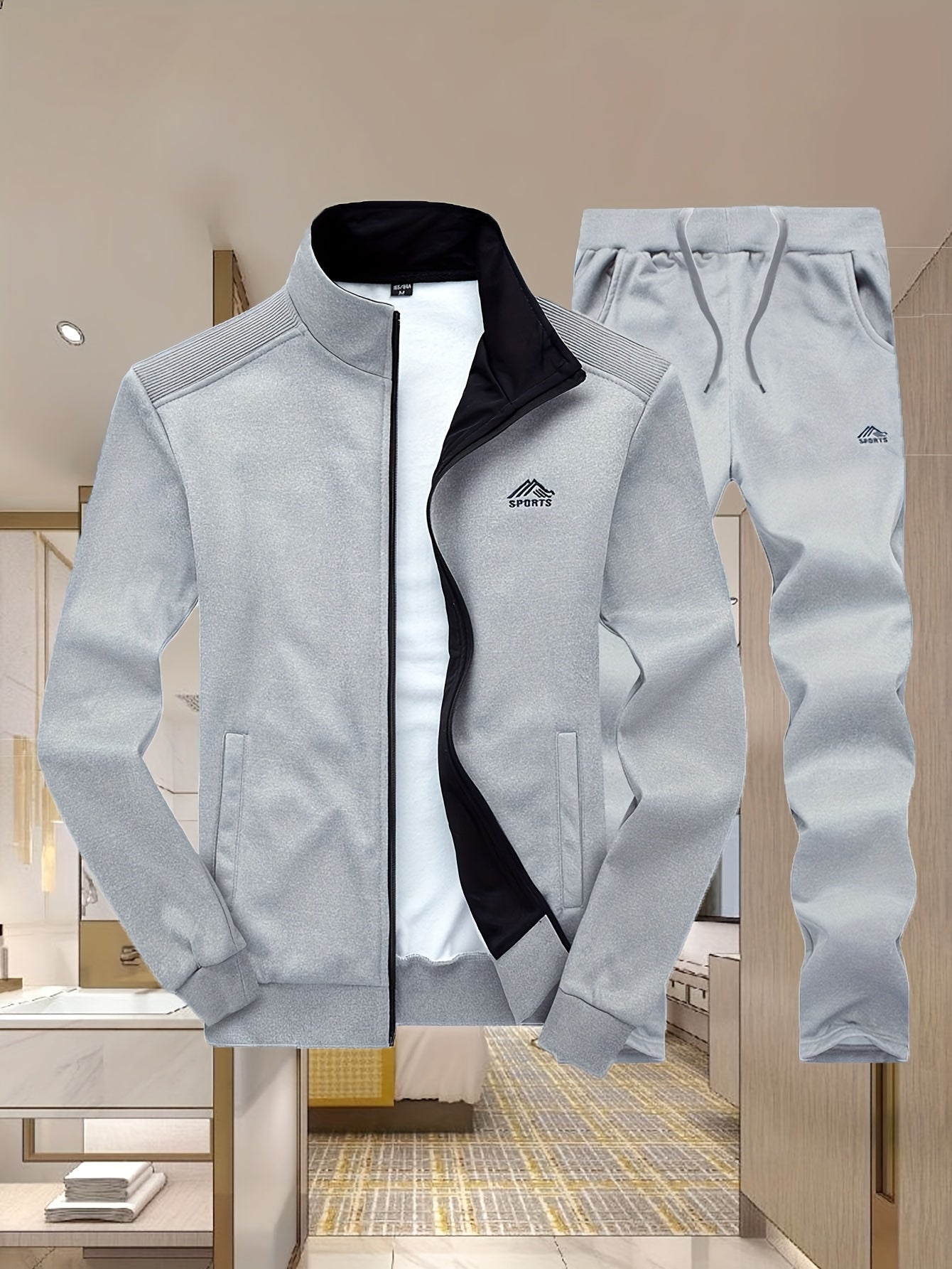 Men'S Casual Sportswear Set - Black Zip-Up Jacket & Pants with White Logo, Regular Fit, Spring/Fall Collection, Non-Stretch Fabric, Casual Attire|Zipup Jacket|Pants with Logo, Sweater Pants