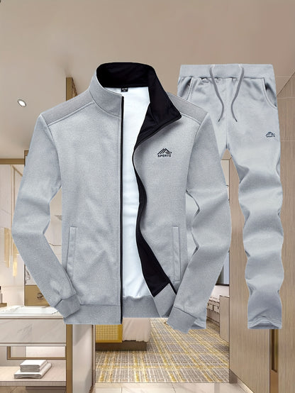 Men'S Casual Sportswear Set - Black Zip-Up Jacket & Pants with White Logo, Regular Fit, Spring/Fall Collection, Non-Stretch Fabric, Casual Attire|Zipup Jacket|Pants with Logo, Sweater Pants