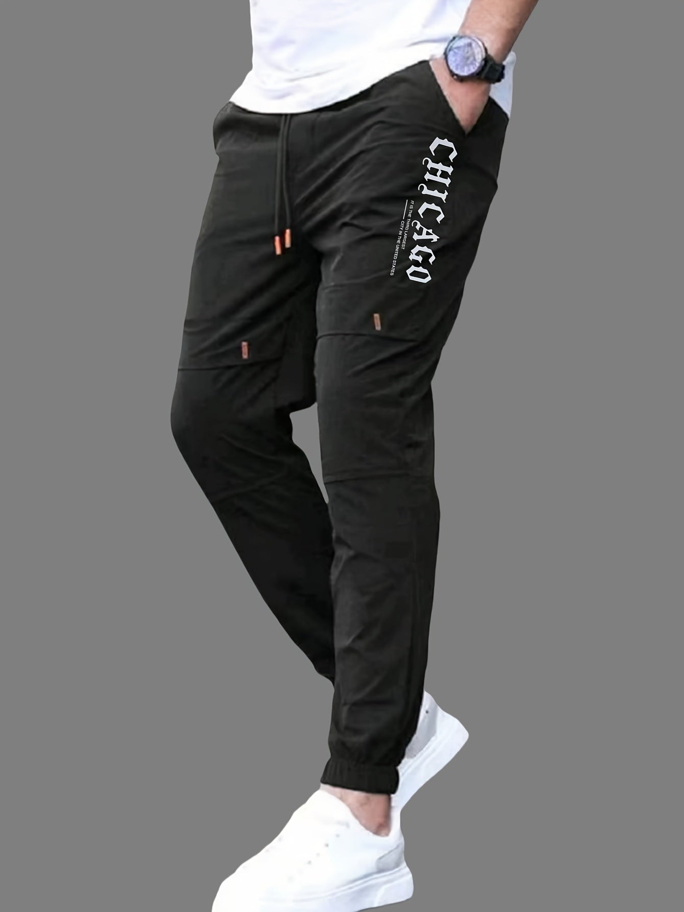 Տղամարդկանց պատահական պարաններով ջոջեր, 100% պոլիեսթեր չձգվող գործվածք, այբուբենի տպագրությամբ դետալներով սովորական տաբատ, 100% պոլիեսթեր, նորաձև աշխատանքային հագուստ