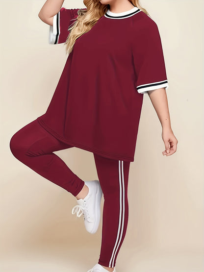 Կանացի մեծ չափսի առօրյա հանգստի հավաքածու - մոխրագույն և սպիտակ գծավոր մեծ չափսի մարզաշապիկ համապատասխան մարզաշապիկով, հարմարավետ բոլոր եղանակների տնային հագուստ, մարզաշապիկներ կանանց համար