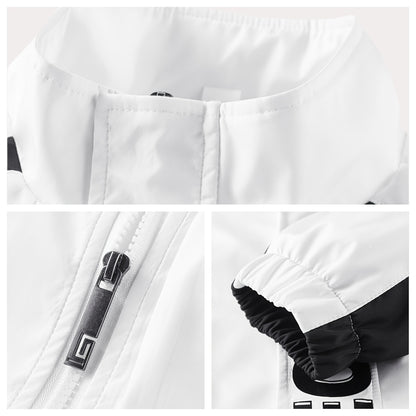 Գարնան և աշնան համար նախատեսված սպորտային հագուստի համալիր, որը ներառում է կանգնած օձիքով և սև ու սպիտակ գծավոր երկար տաբատով ճարմանդով բաճկոն, ոճային հանդերձանք, որը հիանալի նվեր է, քրտինքից պաշտպանված, միայն ձեռքով լվանալ, մարզումների համար աքսեսուար: