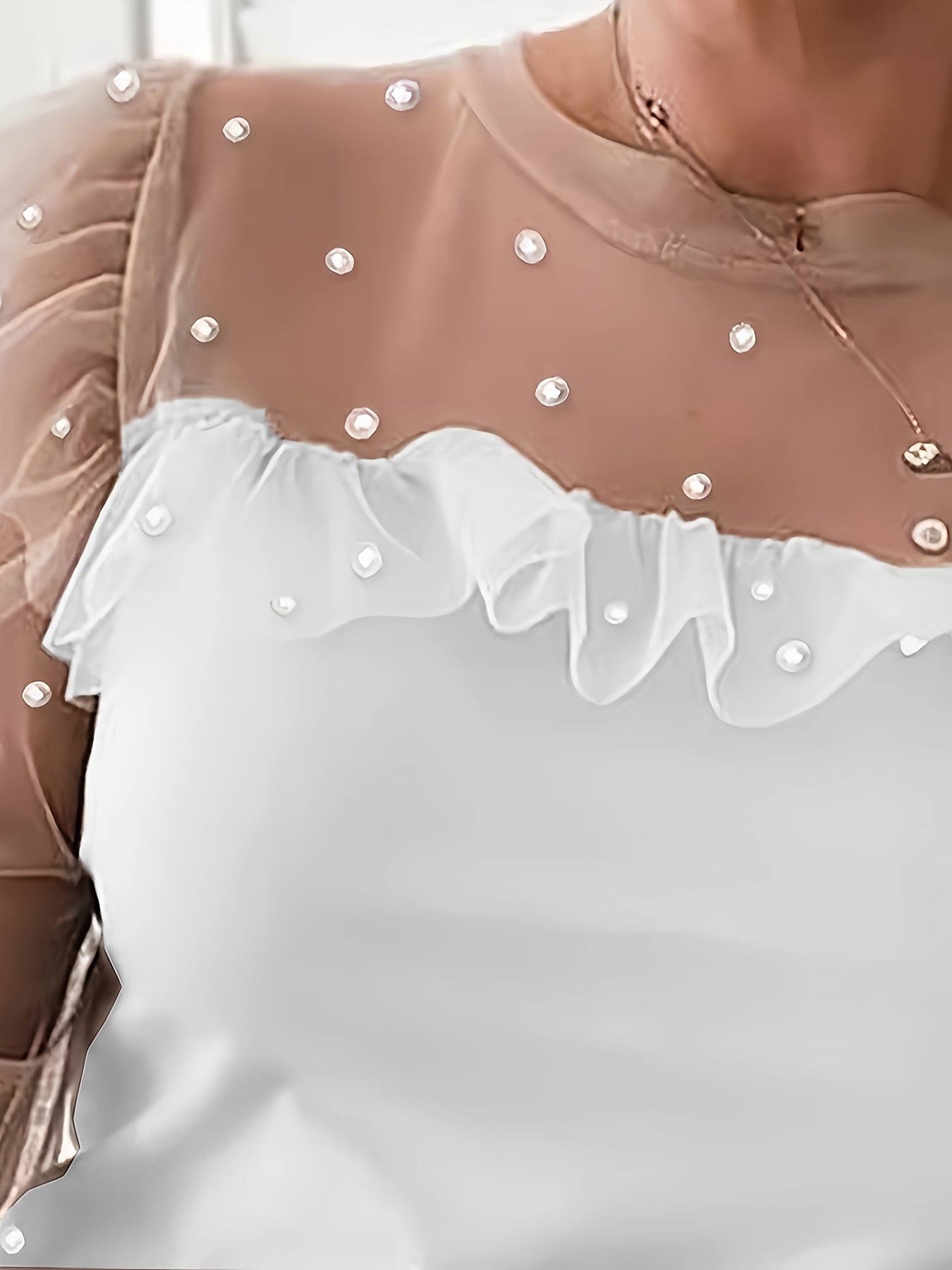Women's Elegant Pearl-Embellished Long Sleeve T-Shirt with Mesh Panel Detailing - Semi-Sheer Round Neck Top, Medium Stretch & Machine Washable for Spring Summer Fall Casual Wear, Seasonal Fashion, Chic Fabric Mix