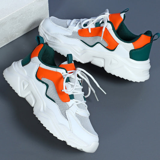 Women's Breathable Mesh Sneakers - Lightweight Lace-Up Sneakers with Contrasting Color Design, White Base with Green  Orange Accents, Perfect for Tennis, Outdoor Activities, and Casual Attire, Casual Sneakers   Casual Sneake