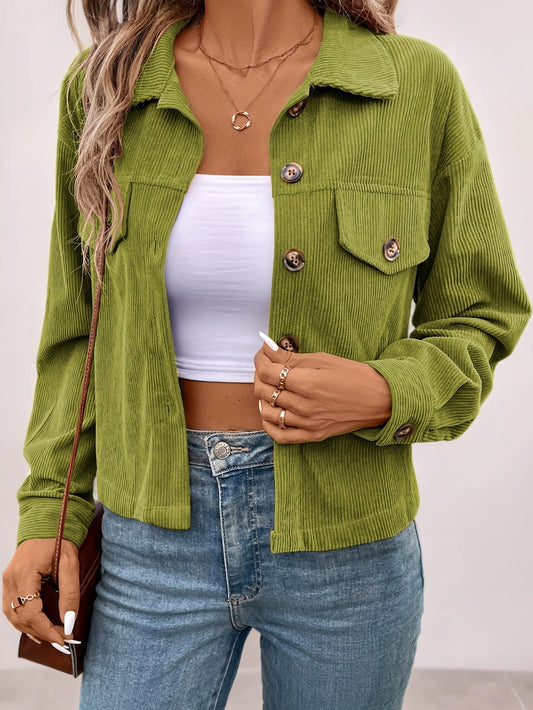 Կանացի էլեգանտ վարդագույն կոճակներով բաճկոն՝ փեղկավոր գրպաններով - Աշնանային առօրյա վերնազգեստ, երկար թևքերով, կոճակներով դետալներով, պոլիեսթերի խառնուրդով, լվացվող լվացքի մեքենայով, առօրյա վերնազգեստ | Կոճակներով բաճկոն | Պոլիեսթերի խառնուրդով բաճկոն