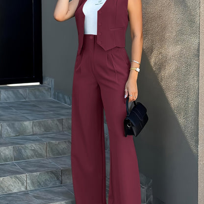 Միագույն ոճային տաբատներ, կոճակներով առջևի կեղծ գրպաններով անթև բաճկոն և բարձր իրանով ծալքավոր տաբատներ, կանացի հագուստ