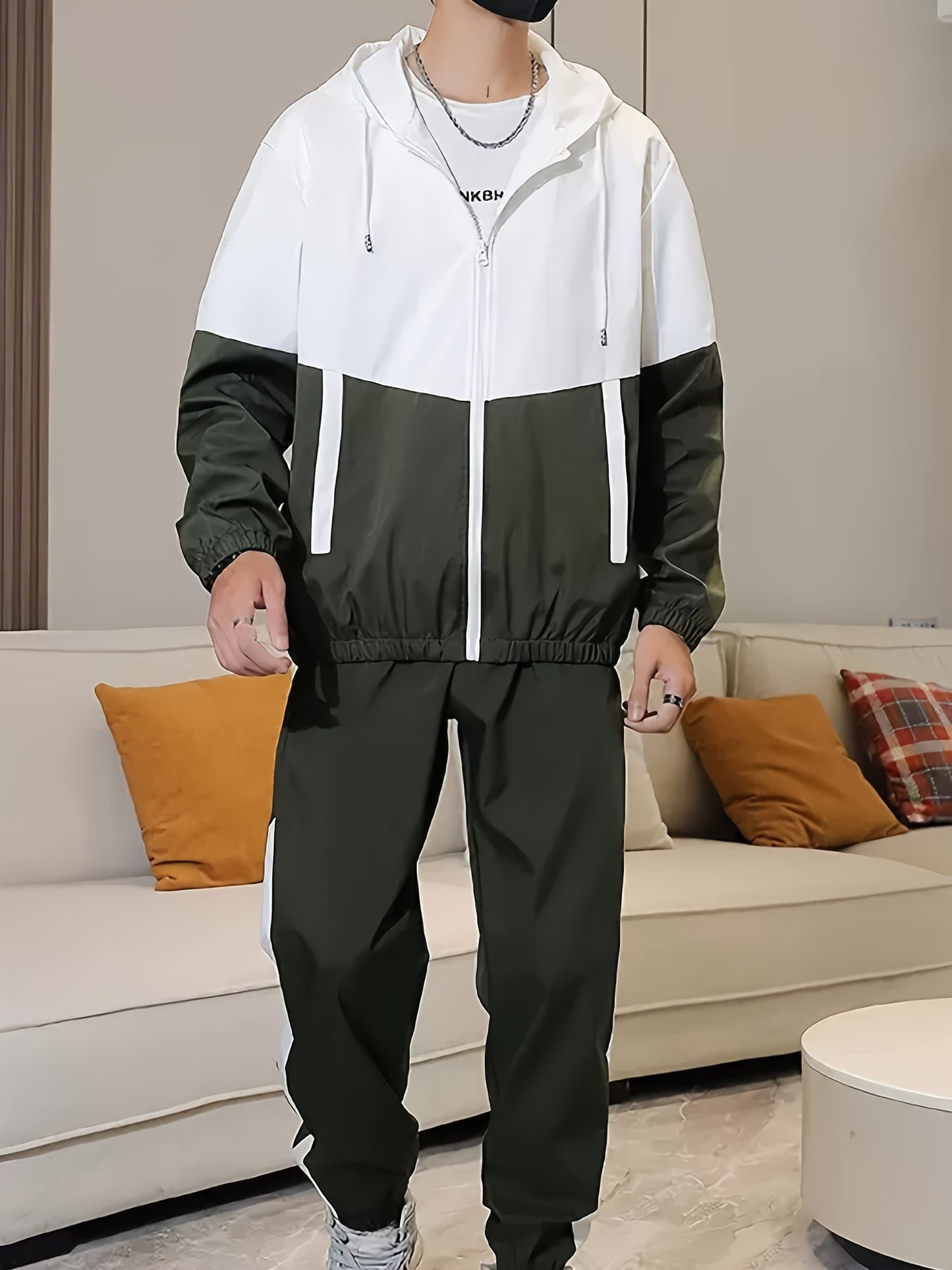 Տղամարդկանց գարուն-աշուն բացօթյա սպորտաձևերի մարզումների համար նախատեսված ամենօրյա գունային բլոկներով կարված վերնաշապիկով, կարգավորվող հավաքածու՝ տնային վերնաշապիկով և տաբատով, նորաձև քամուց պաշտպանող բաճկոնով, տաբատով, երկկտոր կոստյումով