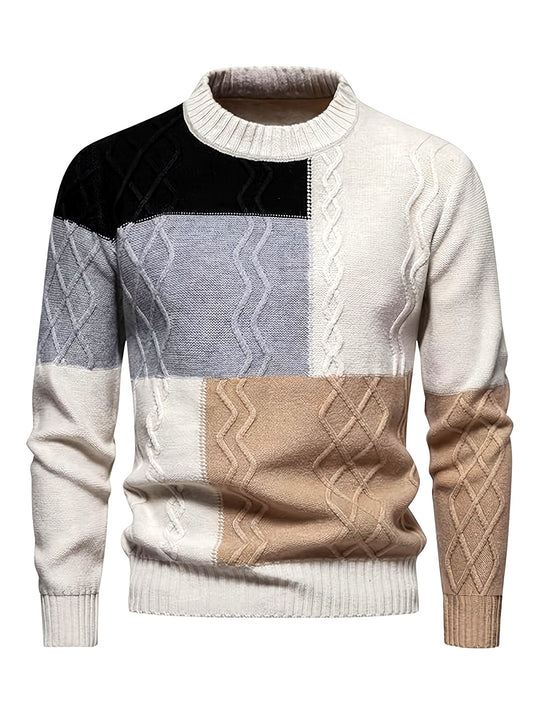 Men'S Fashion Long Sleeve Crew Neck Sweater | Casual Patchwork Knit Pullover, Warm Winter Top for Men, Suitable for Daily & Weekend Casual Wear