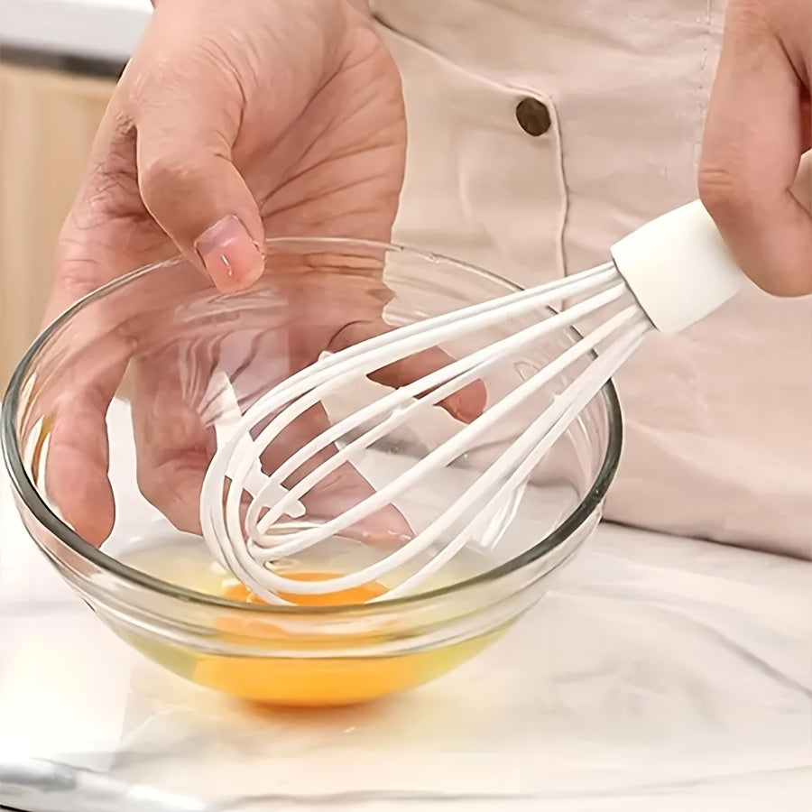 White Manual Silicone Whisk, a Hand-Held Baking Mixing Tool, Featuring 5 Highly Elastic Wires for Stirring, Easy to Clean Kitchen Baking Utensil.