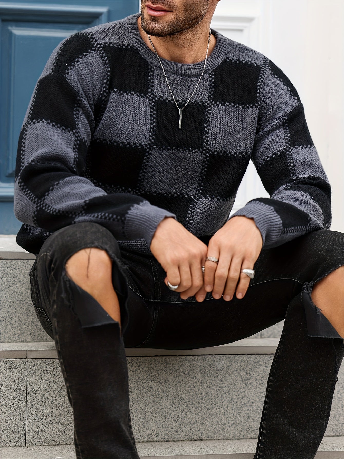 Տղամարդկանց գունաբլոկինգ տեքստուրային պրինտ, պատահական թրենդային սվիտեր, երկարաթև պուլովեր՝ որպես նվեր աշնան և ձմռան համար