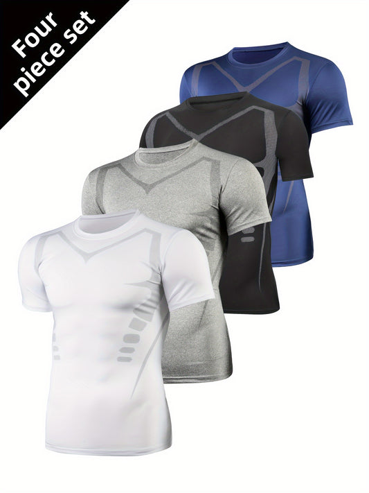 4 հատ սպորտային ամառային տղամարդկանց նեղ մարզումների կարճ թևքերով սպորտային ֆիթնես հագուստի հավաքածու, բասկետբոլի քրտինքը կլանող, արագ չորացող նեղ կոստյում