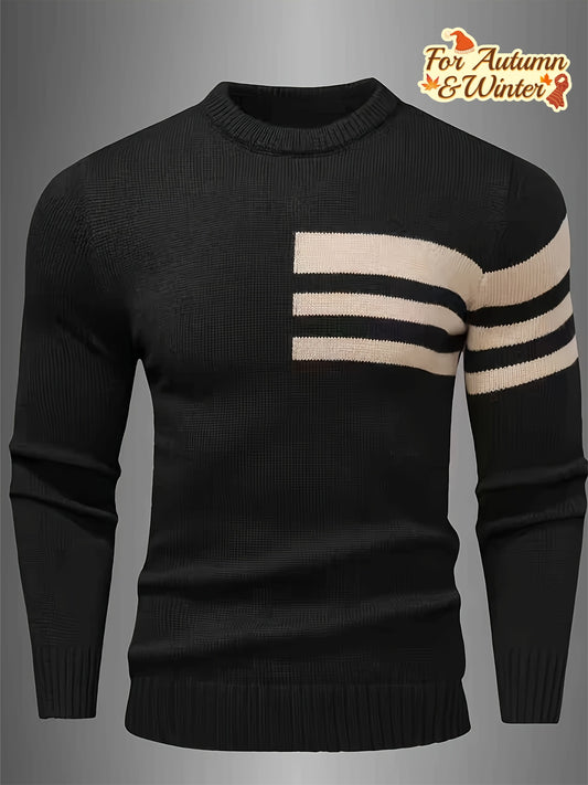 Men's Brown & Striped Sweater - Soft Round Neck Cable-Knit Winter Sweater with White Piping, Machine Washable Casual Pullover for Fall & Winter, Brown/Beige Horizontal Stripes, Ribbed Cuffs & Hem, Stylish Men's Sweater for Ev