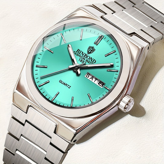 BINBOND Women's Elegant Quartz Watch, Stainless Steel Band, Aqua Green Dial, Date Display, IP67 Rated, Zinc Alloy Case, Perfect for Business or Casual Wear, Casual Wristwatch | Luxury Fashion Accessory | Sophisticated Aesthet