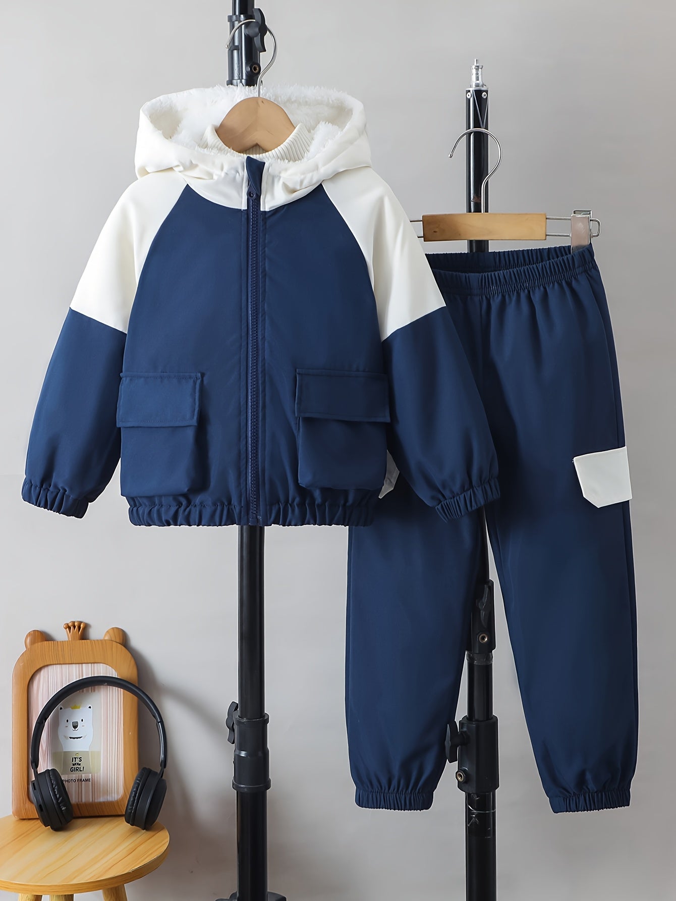 Boys' Casual Fleece-Lined Jacket with Utility Pockets, Open Front Zipper, Matching Single-Pocket Workwear Pants for Autumn/Winter, Perfect for Outdoor Wear, Winter Clothing, Workwear Style, Durable Fabric, Zipup Jacket, Young