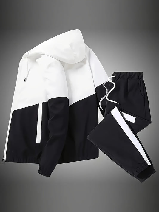 Men's Solid Color Sports Casual Suit with Patchwork Hooded Jacket for Fitness and Outdoor Running