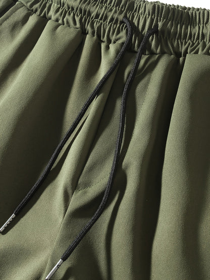 Men'S Fashion Cargo Pants, 100% Polyester Woven Fabric, All-Season Loose Fit with Drawstring Waist, Multi-Pocket Design, Solid Color, Mid Waist, Regular Length, Non-Stretch, Casual Joggers for Weekend - 160g/m²