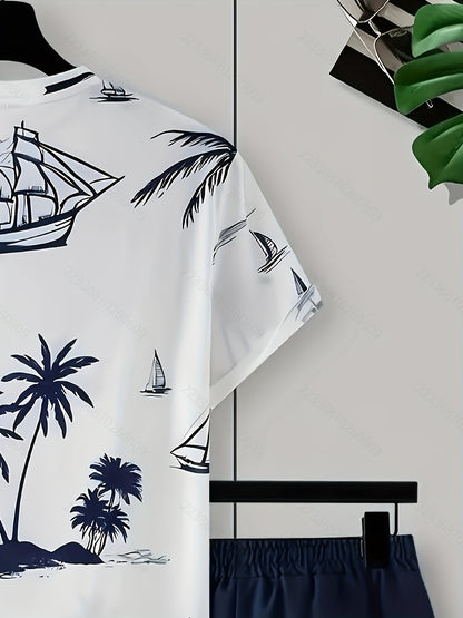 A set of 2 stylish Men's palm tree pattern summer fresh T-shirts and shorts, micro-stretch polyester knit fabric with a fitted fit, suitable for outdoor activities and family gatherings.